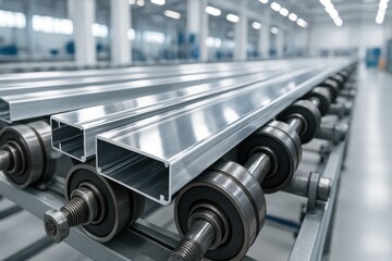 Aluminum Profile on Roller Conveyor in Production Line. An aluminum profile moves along a roller conveyor in a modern industrial facility, showcasing part of the metal extrusion.