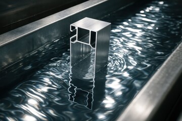 Aluminum Profile in Anodizing Process Tank. An aluminum profile undergoes surface treatment in a liquid tank during the anodizing stage of metal profile production in a modern industrial facility.