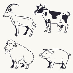 Stylized line art illustrations of farm animals including a goat cow sheep and pig