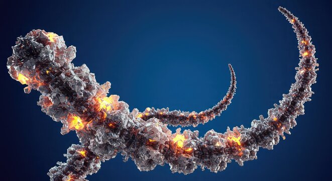 A detailed, abstract visualization of a fiery, crystalline asteroid fragment breaking apart in deep space.