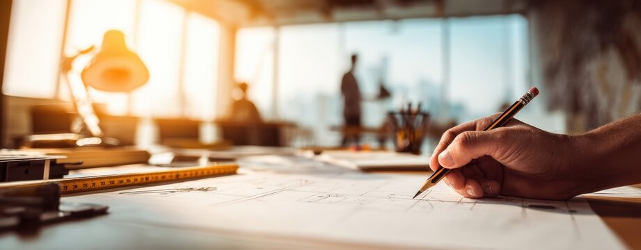 The hand sketching on architectural blueprint shaping future design ideas and visions