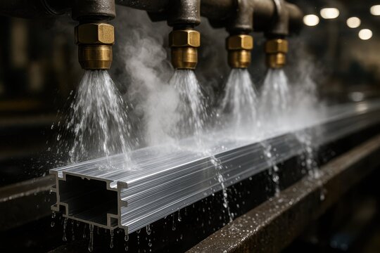 Aluminum Profile Cooling in Industrial Spray Station. Aluminum profiles are cooled with water sprays during the production process, highlighting an essential step in modern metal profile manufacturing