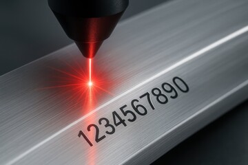 Laser Marking on Metal Profile for Structural Production. A high-precision laser marking system engraves identification numbers on a metal profile, a key step in tracking and structuring metal profile