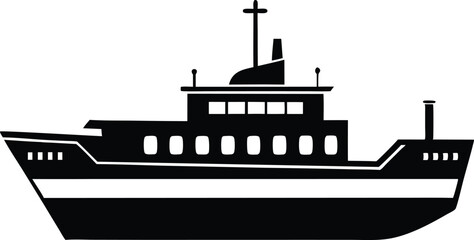Obraz premium Maritime Ship Silhouette Vector Illustration. Cargo Ship Silhouette on the Ocean Vector, Sailing Ship Silhouette Vector for Logo and Design.