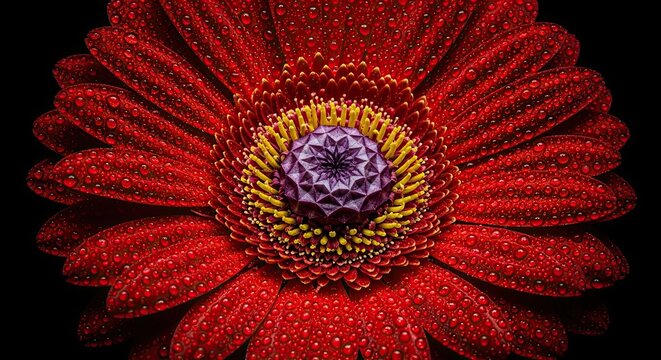 Close-up of a Red Gerbera Daisy Covered in Glitter and Dewdrops