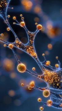 Nanoparticle CNS Drug Delivery: Microscopic gold nanoparticles crossing blood-brain barrier into neural tissue with glowing synapses  
