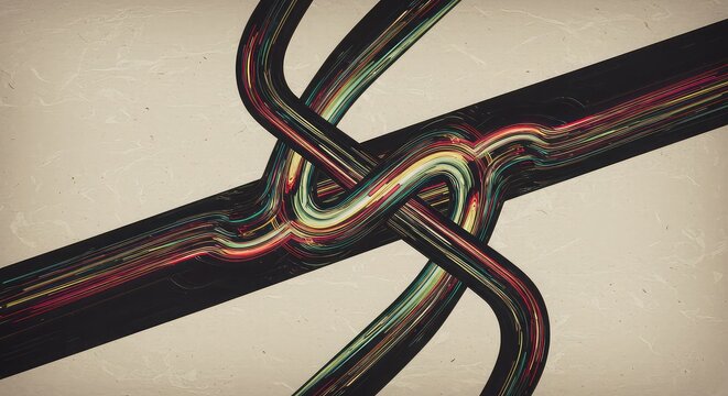 Abstract visualization of intertwined colorful lines forming a complex knot pattern on a textured background.