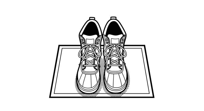 Winter boots placed on a doormat with copy space