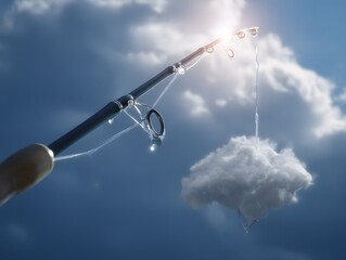 Fishing Rod Catching a Cloud with Dripping Water: Climate, Nature, and Concept, phising, cybersecurity, Hope
