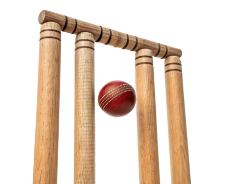 Red Cricket Ball Hitting Wooden Wicket Stumps - Game Action