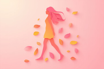 Graceful woman walking in flowing dress, surrounded by autumn leaves, paper cut style, soft pink and orange tones, elegant and serene atmosphere, modern minimal art