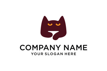 Minimalist Grumpy Cat Head Logo with Orange Eyes Vector Illustration