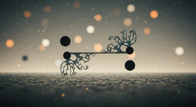 Abstract digital art featuring organic, branching structures connecting four dark circles against a bokeh background.