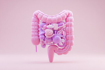 3D illustration of human intestine with various colorful objects inside, representing digestion, gut health, and microbiome in playful, surreal style on pink background