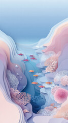 Colorful fish swim through serene underwater canyon with layered coral reefs, soft pastel hues, and delicate sea plants, evoking peaceful and dreamy ocean scene