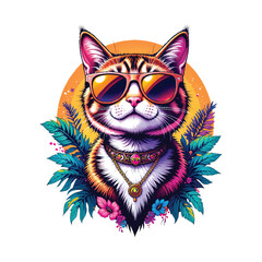 Vector of stylish tabby cat wearing sunglasses and a gold necklace, surrounded by neon tropical foliage and a bright circle background. Pet.
