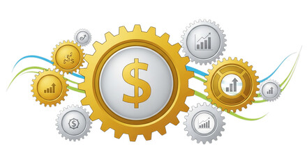 Gears of financial success and economic growth with rising charts and dollar sign representing investment and business strategy