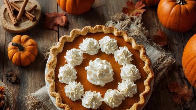 Pumpkin pie topped with rosettes of whipped cream arranged in a ring, with pumpkins and autumn decor around.