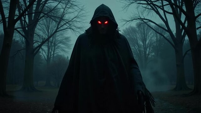 Eerie dolly shot of a shadowy figure with sinister red eyes, perfect for a terrifying Halloween concept or a haunting horror movie scene