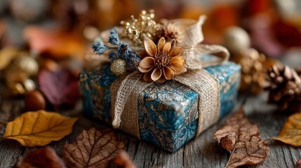Big autumn gift box with surprise inside on warm seasonal background, festive concept with colorful wrapping, ribbon and cozy fall atmosphere, realistic detailed illustration
