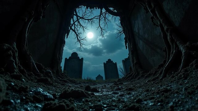 Eerie Halloween grave perspective looking up from inside an open burial site in 4k video footage for horror themed projects and spooky edits
