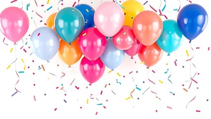 Colorful balloons and confetti float against a clean white background, creating a festive celebration atmosphere.