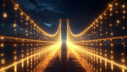 Illuminated bridge with lights at night, starscape, glowing path, art, concept
