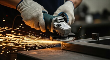 Close up of hands wearing gloves using an angle grinder creating sparks