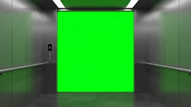Modern Elevator Cabin with Closing Doors and Green Screen Chroma Key. Realistic 3D Animation Loop for Business and Corporate Videos.