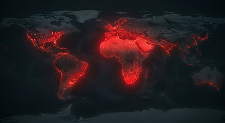 Global crisis concept: Red glowing continents illustrate worldwide pandemic or conflict, suitable for news, analysis, and awareness campaigns