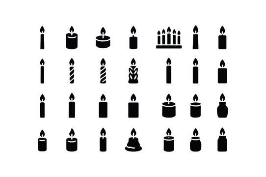 vector solid black filled icons Candles (Types) taper, candle, pillar, votive, tea, light, advent, scented, plain, twisted, spiral, carved, tall.