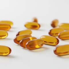 Vitamin E capsules scattered on a white background