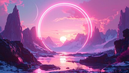 Futuristic landscape of mountains and a glowing circle, fantasy scene