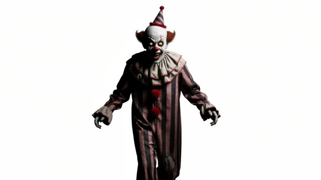 Creepy Clown Figure on White Background, Haunting Halloween Nightmare Character