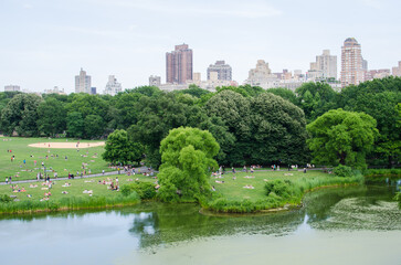 People relaxing in Central Park with city skyline