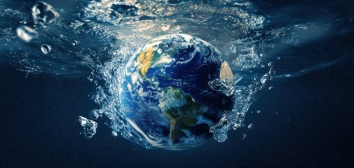 The Earth Submerged in Water with Dramatic Splash Symbolizing Global Environmental Crisis