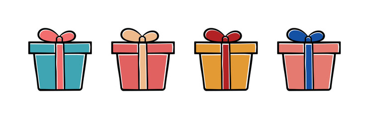 Hand drawn gift box illustration with bow, colorful wrapped present, sketch outline style vector icon for birthday, holiday, celebration, party, greeting card and retail design