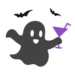 Cartoon ghost holding a purple cocktail glass with bats flying above on a white background design image
