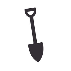 Illustration of a simple black shovel with a d shaped handle on a white background angled slightly
