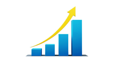 Visualizing upward financial progress with a rising yellow arrow overlaying a blue bar graph showcasing growth and development in a business context