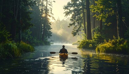 Kayaking on a misty river through a beautiful forest at sunrise or sunset