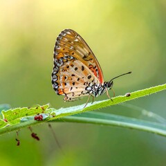 Fototapeta premium Butterfly with vibrant wings perched on a slender green stem