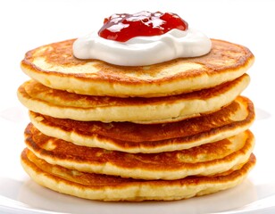 Stack of golden pancakes topped with whipped cream and jam