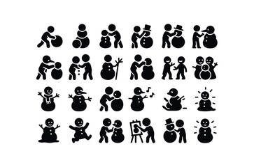 Naklejka premium vector solid black filled icons Snowmen (Scenes) snowman, rolling, stacking, shaping, decorating, carrot, placing, button, stick, hat, scarf, tying.