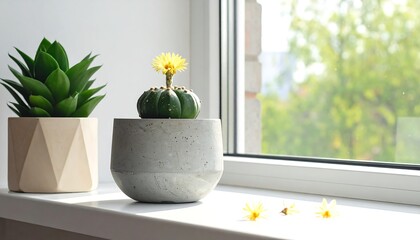 Indoor plants on a windowsill: cactus with flower and aloe vera in pots