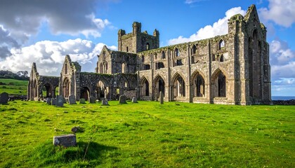 Historic Irish Abbey Ruins Against Blue Sky and Green Landscape
