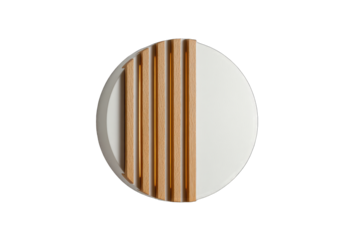 Overhead view of a round, light-colored plate or tray with light-brown wooden dividers