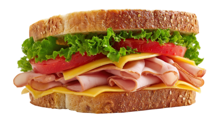 Close-up of two sandwiches with bacon, salami, prosciutto and fresh vegetables on rustic wooden cutting board. Club sandwich concept.