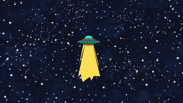UFO animation flying in space with bright light beams