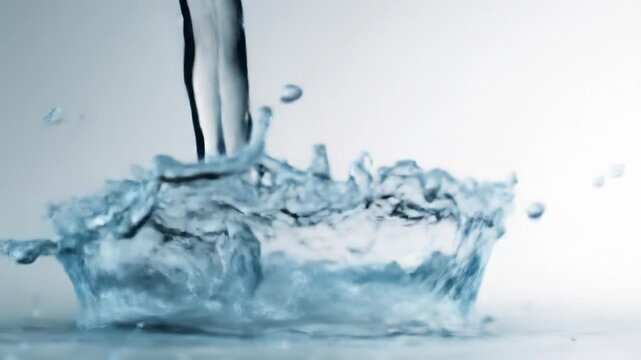 A powerful splash erupts as a stream of clear liquid impacts a surface, creating dynamic ripples